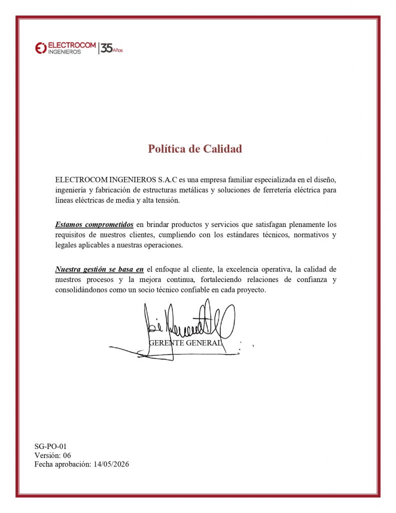 Política de Calidad Electrocom Ingenieros - Servicios de Ingeniería y fabricación.